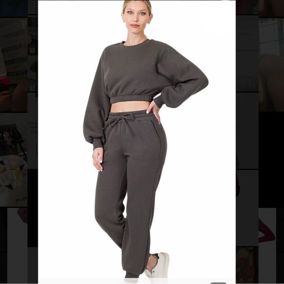 54. Zenana Dark Grey Cropped Sweatshirt & Highwaist Joggers with drawstring NWT - Picture 1 of 4